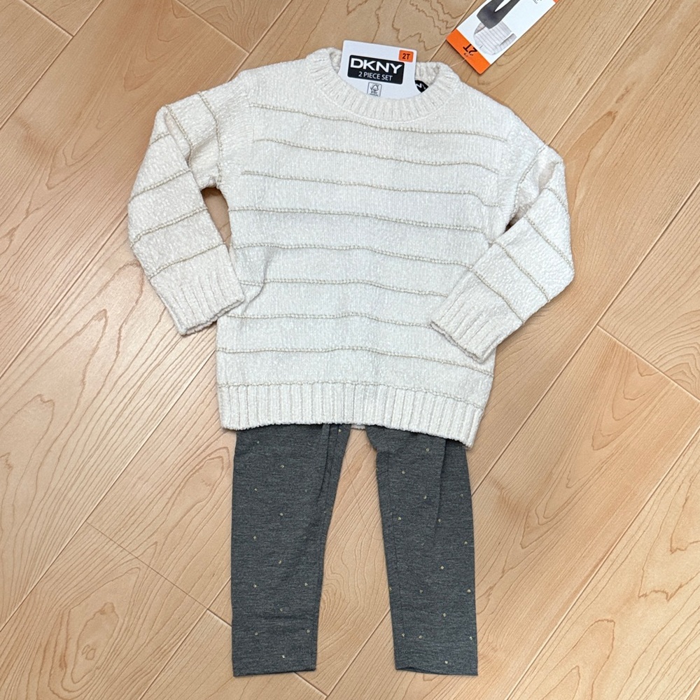 DKNY Kids' 2-piece Chenille Ivory Striped Sweater & Gray Leggings Size 2T NWT